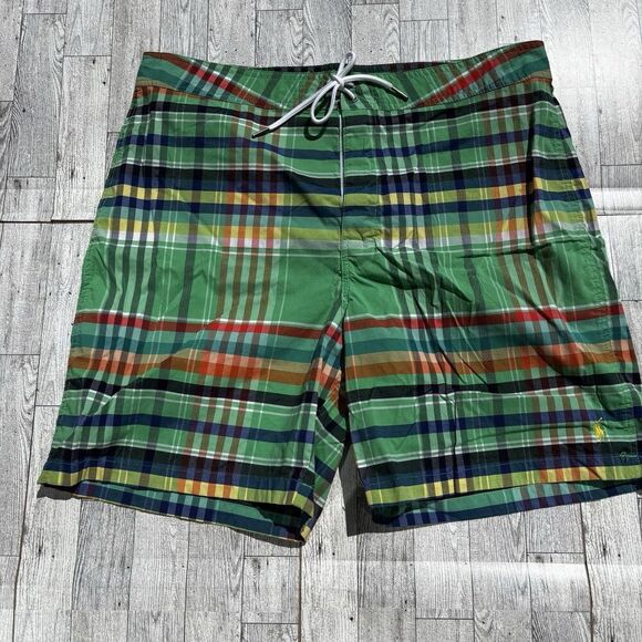 Polo Ralph Lauren Pink Plaid Swim Trunks Mens 36 Board Shorts Preppy Green Beach - Picture 1 of 7